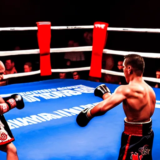 Image similar to two kickboxers in a ring fighting each other in a dark heavy smoky room