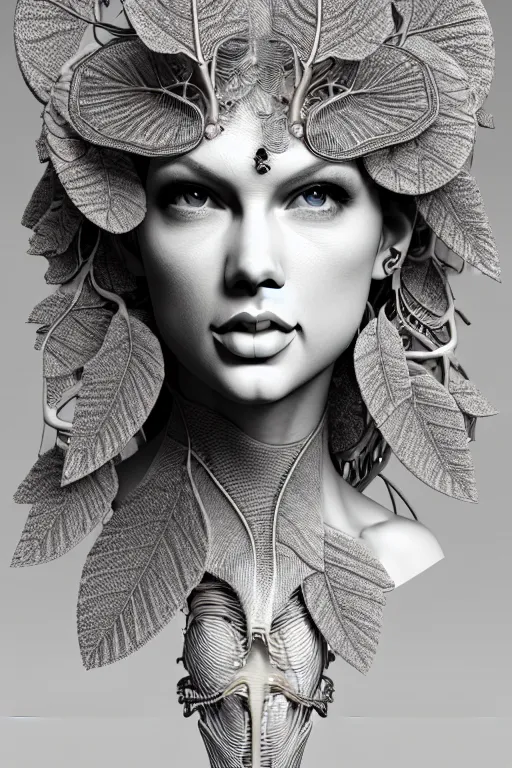 Prompt: complex 3d render ultra detailed of a beautiful porcelain profile of taylor swift face, biomechanical cyborg, analog, 150 mm lens, beautiful natural soft rim light, big leaves and stems, roots, fine foliage lace, silver dechroic details, massai warrior, Alexander Mcqueen high fashion haute couture, pearl earring, art nouveau fashion embroidered, steampunk, intricate details, mesh wire, mandelbrot fractal, anatomical, facial muscles, cable wires, microchip, elegant, hyper realistic, ultra detailed, octane render, H.R. Giger style, volumetric lighting, 8k post-production