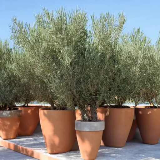 Image similar to large concrete pot on the rooftop, olive trees, comfortable for seating