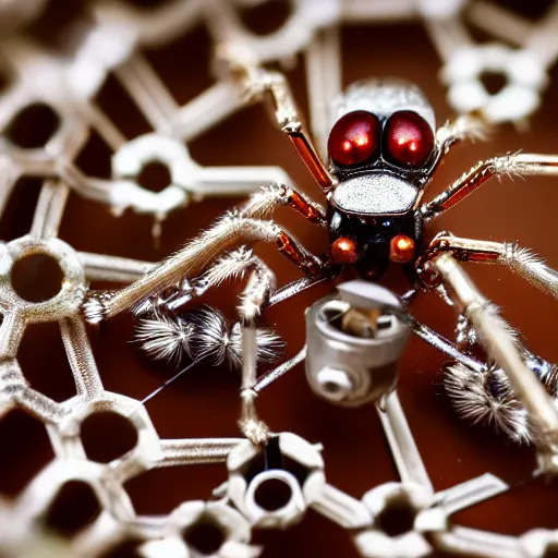 Image similar to macro photograph of a miniature mechanical spider made of silver and garnets, flickr