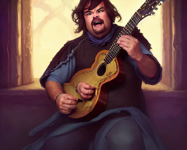 Prompt: photography of jack black as a bard with a guitar singing 8 k, deep focus, d & d, fantasy, intricate, elegant, highly detailed, digital painting, artstation, concept art, matte, sharp focus, illustration, hearthstone, art by artgerm and greg rutkowski and alphonse mucha