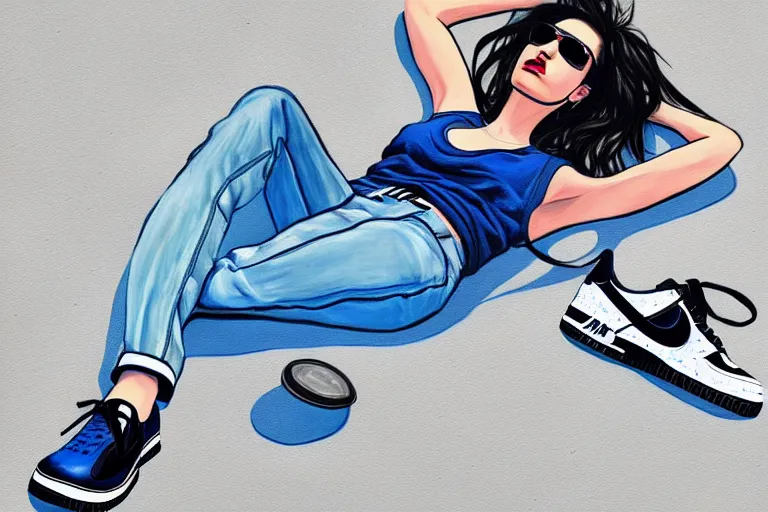 Prompt: a ultradetailed painting of a stylish woman laying on the ground, she is wearing nike air force 1 sneakers, trending on artstation