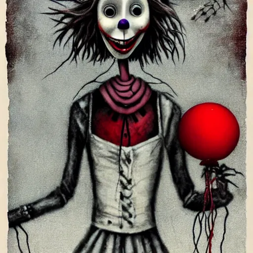 Image similar to grunge painting of a scarecrow with a wide smile and a red balloon by chris leib, loony toons style, pennywise style, corpse bride style, horror theme, detailed, elegant, intricate, conceptual, volumetric light