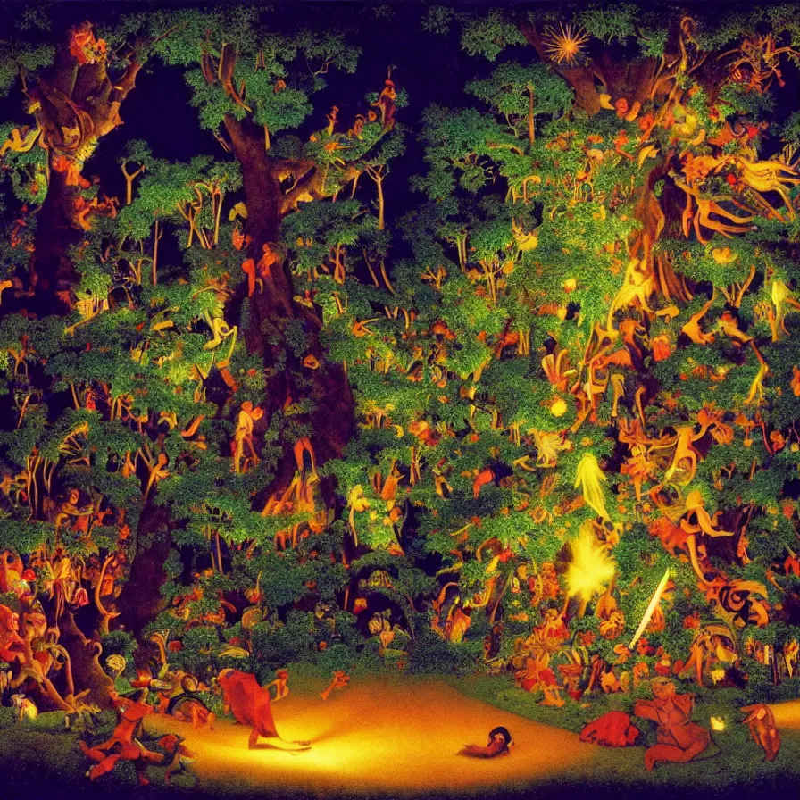 Prompt: closeup of a night carnival inside a tree cavity in a magical forest in the middle of a summer storm, with a music scenario with many fireworks and christmas lights, volumetric lightning, instense god rays in the sky, folklore people disguised with fantastic creatures in a magical forest by summer night, masterpiece painted by maxfield parrish, very coherent and colorful high contrast masterpiece,