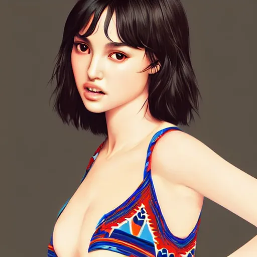 Image similar to a beautiful young japanese natalie portman alluring gravure model, wearing elegant designer tank top, elegant tank top with mesoamerican patterns, by wlop and ilya kuvshinov and artgerm and, aesthetic, gorgeous, stunning, alluring, attractive, artstation, deviantart, pinterest, digital art