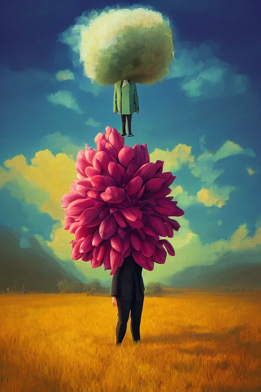 Image similar to portrait, giant flower as head, black woman in suit, surreal photography, golden hour, colorful clouds, impressionist painting, digital painting, artstation, simon stalenhag