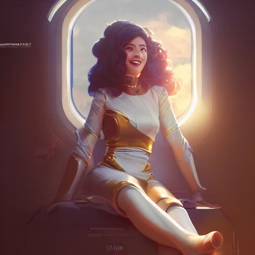 Prompt: woman sitting on a spaceship window, beautiful detailed dress, highly detailed face, smiling, by artgerm, by wlop, by greg rutkowski, octane render, digital art