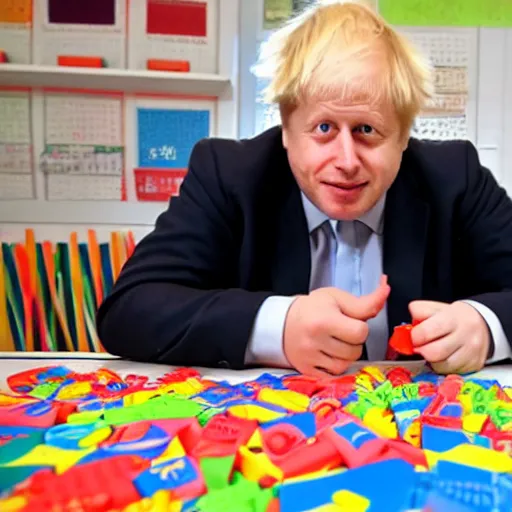 Image similar to Boris Johnson eating crayons while sitting on kindergarten puzzle floor, full body