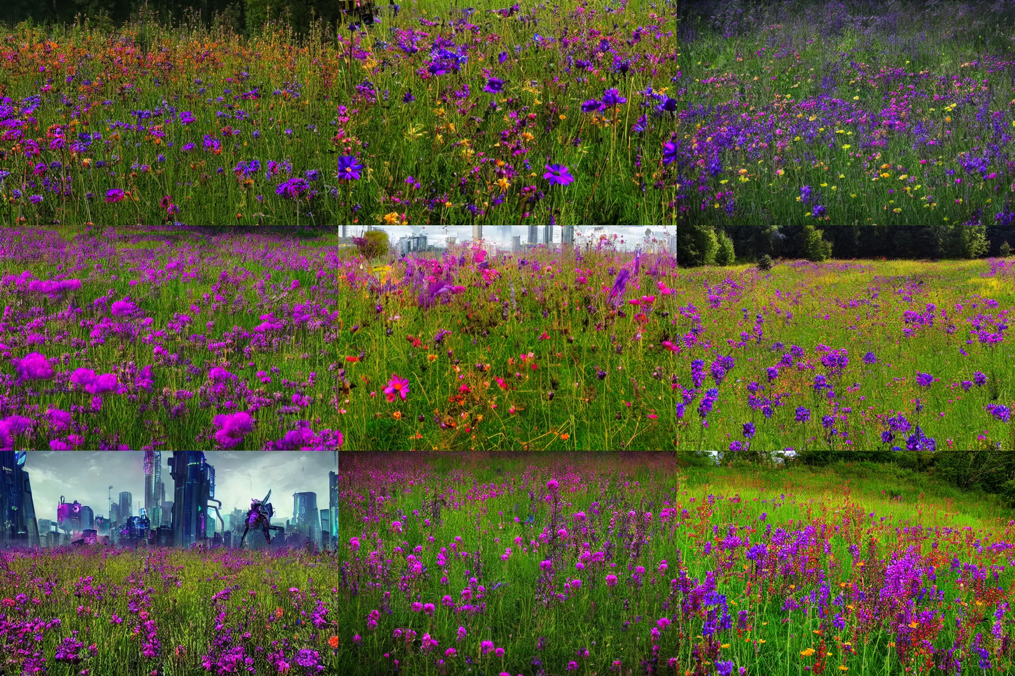 Prompt: a cyberpunk wild flower meadow