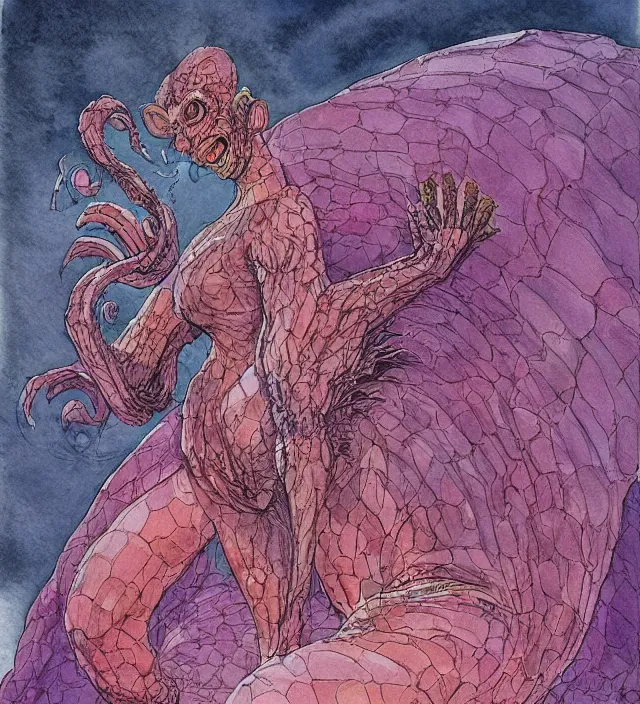 Image similar to a watercolor ink painting of a kaiju goddess of destruction hiding as a humanoid in the style of jean giraud in the style of moebius trending on artstation deviantart pinterest detailed realistic hd 8 k high resolution