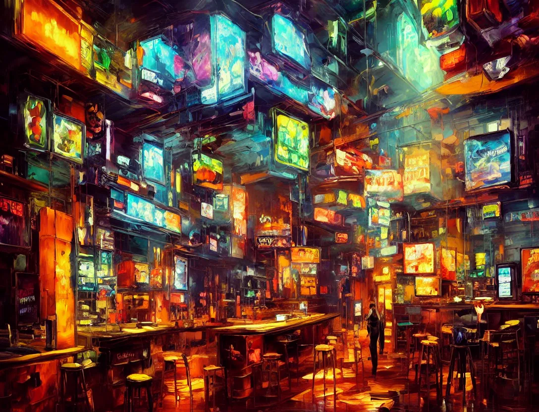 Prompt: highly detailed expressionist oil painting of cyberpunk bar, neon glow, expressive, impasto, pastel shades, rough canvas textured, dynamic pose, top lighting, fine brush strokes, perfect face, hyper detailed face, digital painting, artstation, concept art, hyper detailed eyes, art by sam spratt and peter mohrbacher and james jean