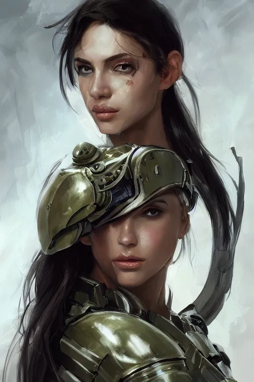 Image similar to a professionally painted portrait of an attractive young woman, clothed in military armor, olive skin, long dark hair, beautiful bone structure, symmetrical facial features, intricate, elegant, digital painting, trending on Artstation, concept art, smooth, sharp focus, illustration, from Metal Gear by Ruan Jia and Mandy Jurgens and Artgerm and William-Adolphe Bouguerea, award winning