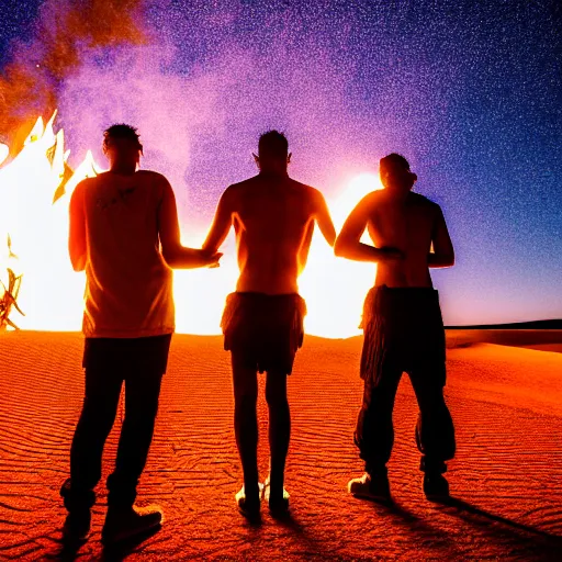 Image similar to photograph of three ravers photographed from behind, talking around a fire, photorealistic, dancefloor kismet, diverse costumes, clean composition, desert transition area, bonfire, night, australian desert, xf iq 4, symmetry, sony a 7 r, 1 5 0 mp, 5 0 mm