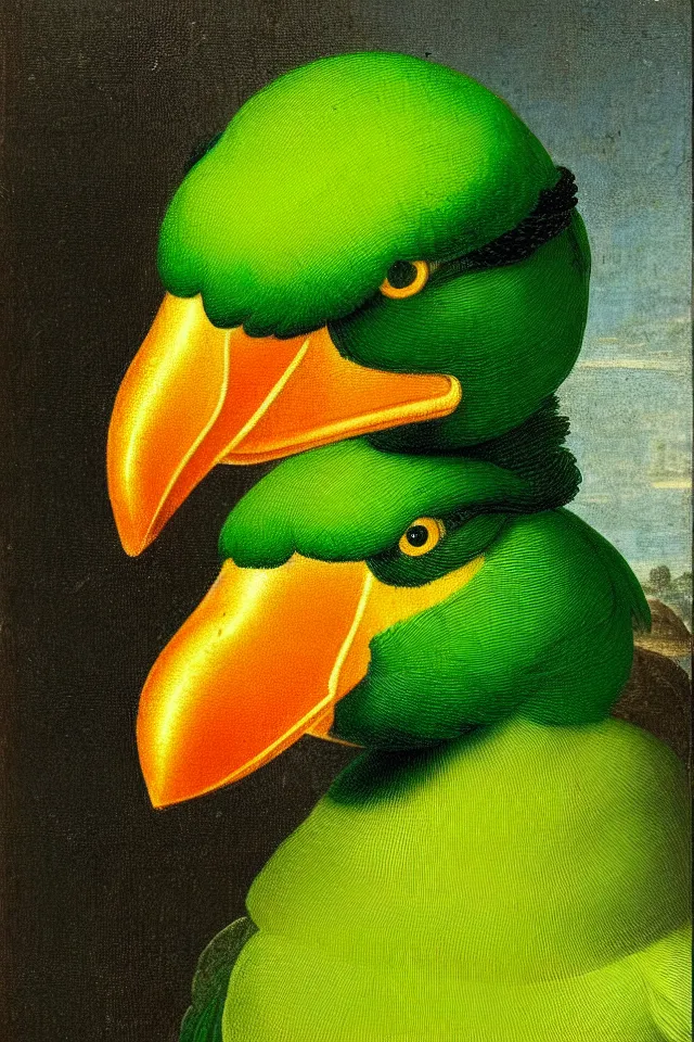 Image similar to a renaissance portrait of donald duck as a green parrot, beautiful intricate painting