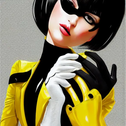 Image similar to slim girl in yellow snake skin tuxedo and black leather gloves with short black hair and with black eye patch, elegant, 2d, ultra highly detailed, digital painting, smooth, sharp focus, artstation, art by Ilya Kuvshinov