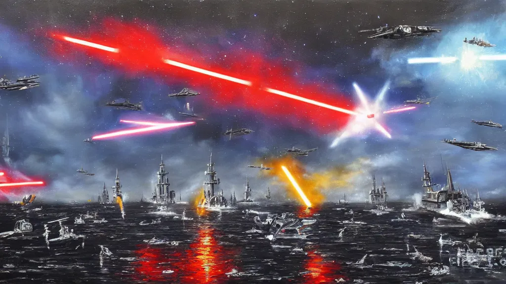 Image similar to Stockholm under attack by star wars destroyers and TIE fighters, oil painting,