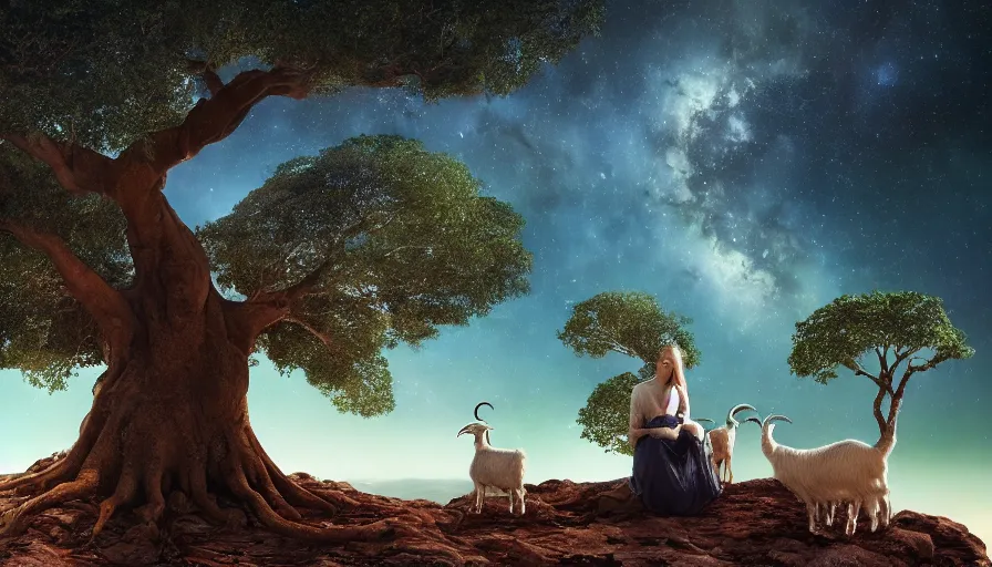 Image similar to very very small goat, sitting on a gigantic banyan tree in moonlit socotra island by ilya kuvshinov, starry night, rtx rendering, octane render 1 2 8 k, maya, extreme high intricate details by tom bagshaw, medium shot, close up shot, composition by sana takeda, lighting by greg rutkowski