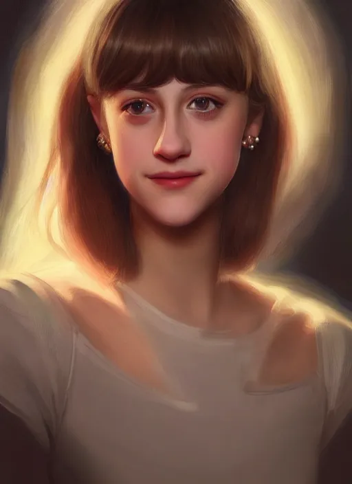 Image similar to portrait of teenage lili reinhart with bangs, smiling kindly, bangs, 1 9 6 0 s, ponytail, bangs and ponytail, intricate, elegant, glowing lights, highly detailed, digital painting, artstation, concept art, smooth, sharp focus, illustration, art by wlop, mars ravelo and greg rutkowski