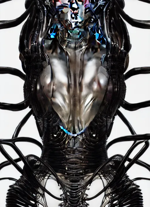 Image similar to iris van herpen gothic inflateble dark dress, perfect symmetrical body, helmet on face, full body shot, alien, plant predator, guyver, giger, wires, tubes, veins, jellyfish, white biomechanical details, wearing epic bionic cyborg implants, masterpiece, intricate, biopunk, vogue, highly detailed, artstation, concept art