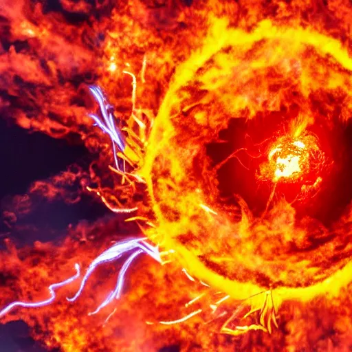 Image similar to red hot burning sphere embedded in fireball explosion with fire, 4 k