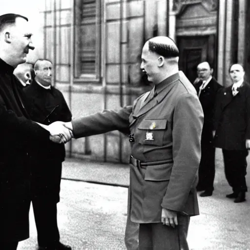 Image similar to Adolph Hitler meeting John Paul II, cyberpunk style