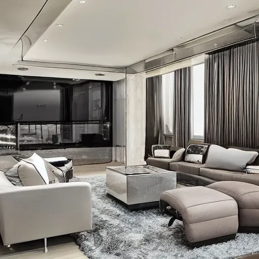Prompt: a chrome living room