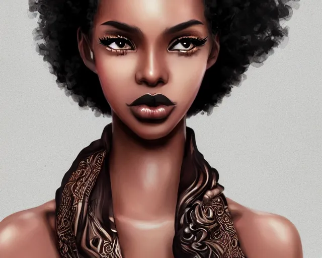 Image similar to A tall black skinned woman wearing a scarf with large lips and smooth eyebrows and curly hair, complimentary eyeliner, light blush and metallic eyeshadow, HD, illustration, epic, fantasy, intricate, elegant, amazing detail, digital painting, artstation, concept art, smooth, sharp focus, illustration, art by Turine Tran