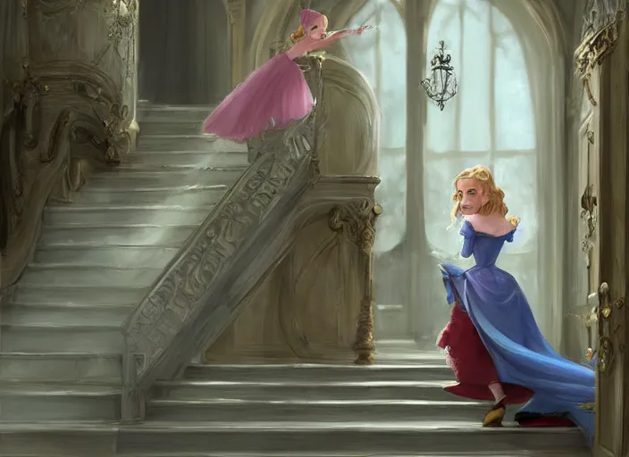 Image similar to a princess runing down a stair, cinderella, by wlop