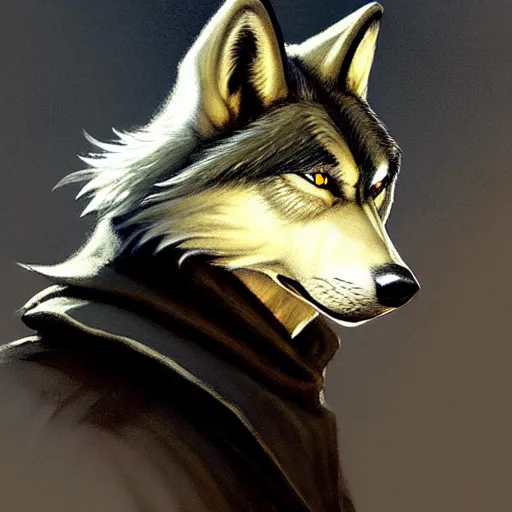 Image similar to an anthropomorphic wolf in a black doublet looking out over the hills, artstation hq, stylized, sharp focus, concept art, furaffinity fursona, furry, anthropomorphic, by gregory manchess and norman rockwell, rim lighting