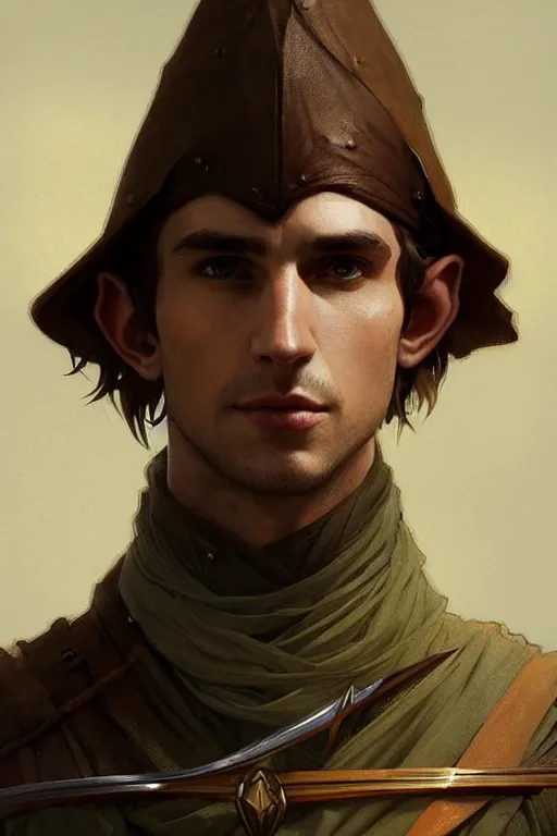 Image similar to portrait of a beautiful fit young elf male ranger, with fluent cloths, leather armor, by greg rutkowski and alphonse mucha, d & d character, gradient brown to white, autumn background, highly detailed portrait, digital painting, artstation, concept art, smooth, sharp focus illustration, artstation hq