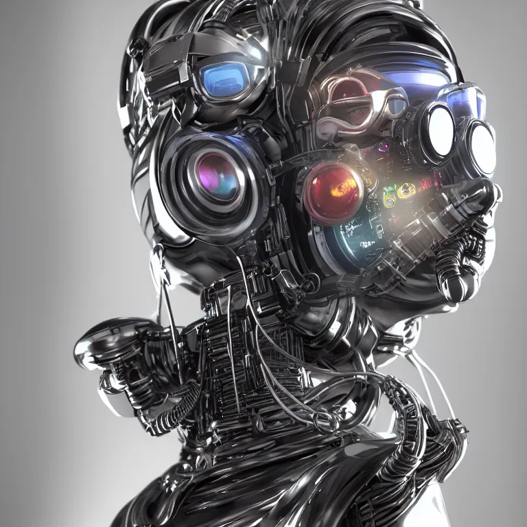 Image similar to octane render portrait by wayne barlow and carlo crivelli and glenn fabry, a cybernetic sythwave cyberpunk futuristic dj with glowing 8 - bit display goggles and a giant clear plastic ventilator mask connected to a long ribbed tube, light from futuristic dj dashboard, cinema 4 d, ray traced lighting, very short depth of field, bokeh