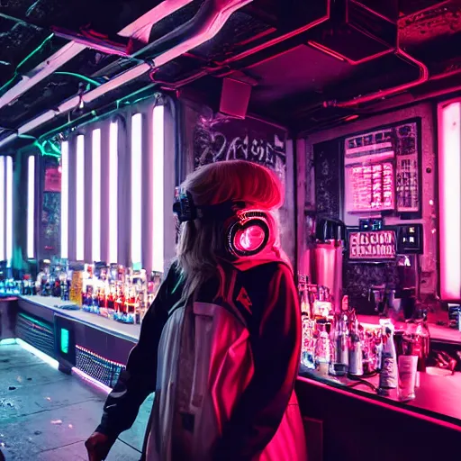 Image similar to photograph of a retro techwear women near the bar of a packed busy rundown nightclub, retrofuturism, brutalism, cyberpunk, sigma 85mm f/1.4, 15mm, 35mm, tilted frame, long exposure, 4k, high resolution, 4k, 8k, hd, wide angle lens, highly detailed, full color, harsh light and shadow