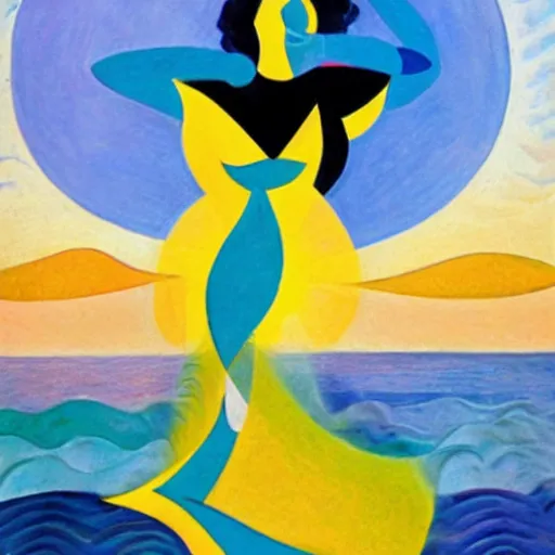 Image similar to woman dancing with a triskele by the ocean while the waves crash on the seashore, high quality art in the style of cubism and geogia o keefe