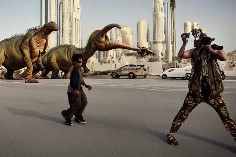 Image similar to cinematography dinosaurs in the streets of Abu Dhabi by Emmanuel Lubezki