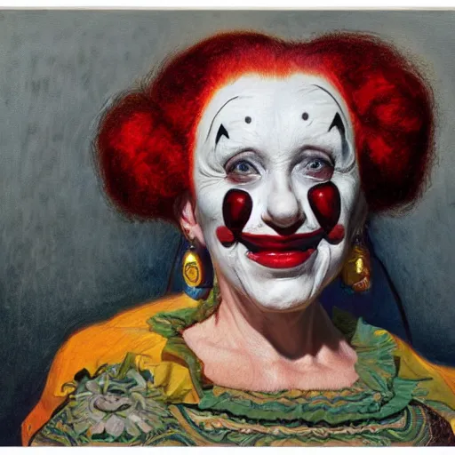 Prompt: portrait of a woman with a painted wood mask, clown pattern, by donato giancola.