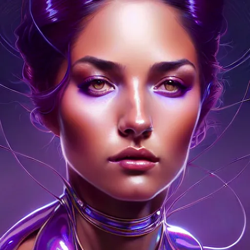 Image similar to Portrait of very very very very very very beautiful Latina woman, spacesuit, purple eyes, intricate, elegant, highly detailed, digital painting, artstation, concept art, smooth, sharp focus, illustration, art by artgerm and greg rutkowski and alphonse mucha