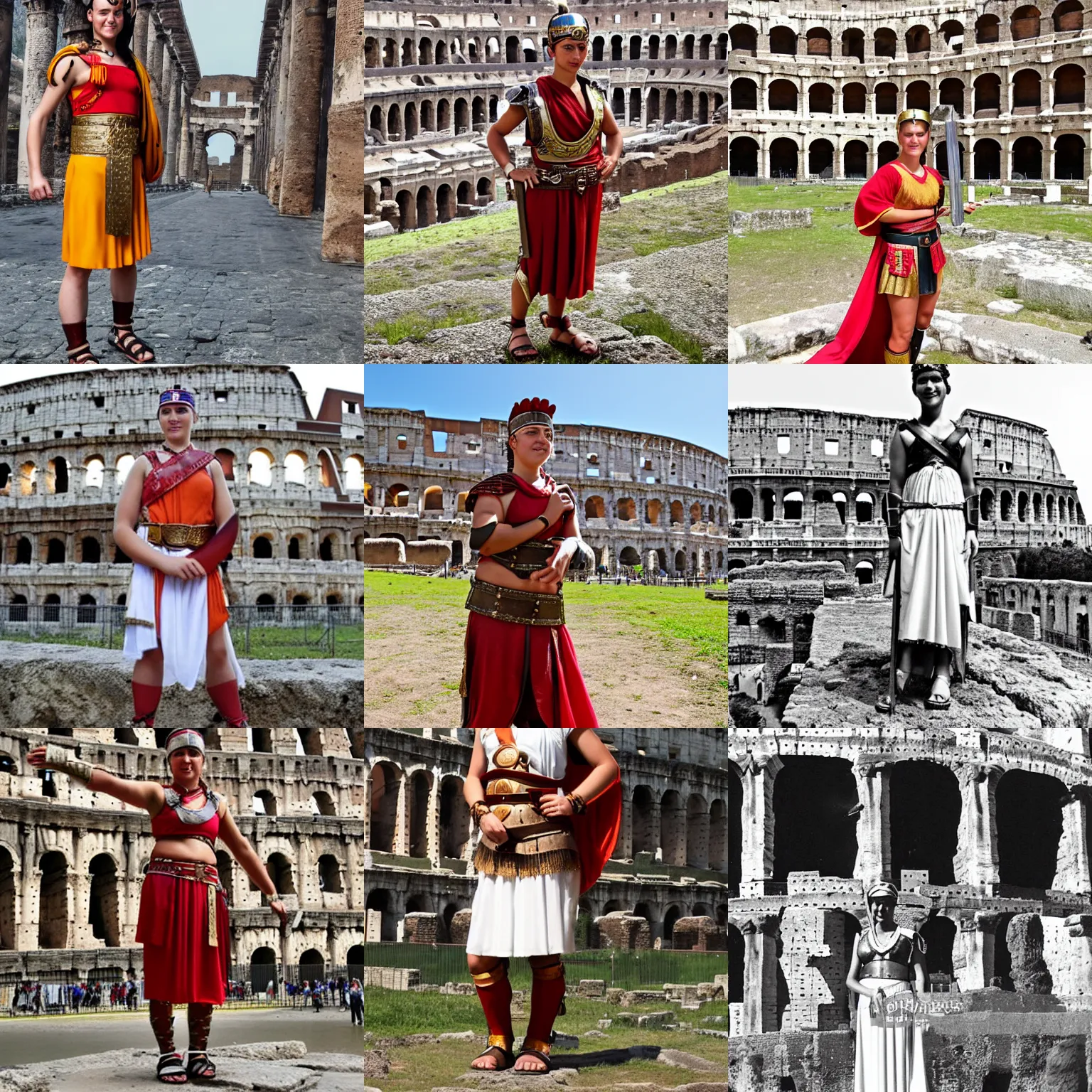 Prompt: A young female Roman Centurion, wearing a toga and sandals, standing in the Coliseum of Rome