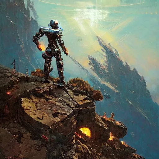 Prompt: robotic warrior standing on top of a mountain with a beautiful cosmic background by by norman rockwell, jack kirby, bergey, craig mullins, ruan jia, jeremy mann, tom lovell, deviantart, cgsociety, trending on artstation, award winning, 8 k resolution, sharp focus