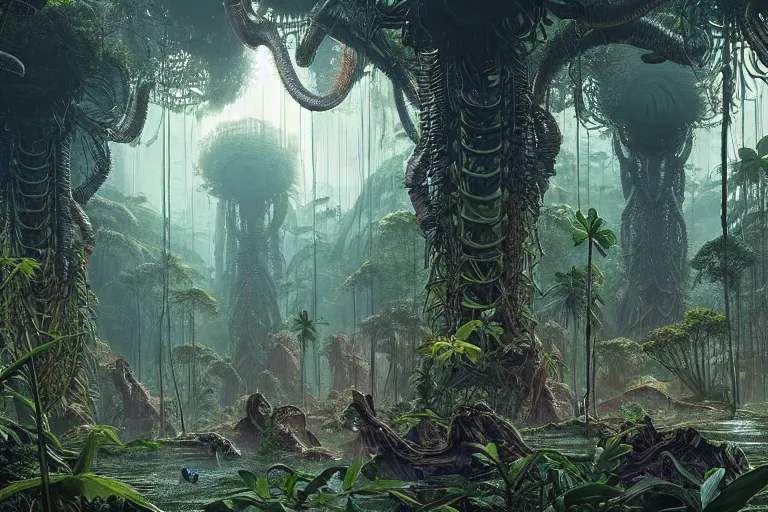 Image similar to a surreal and awe - inspiring rainforest scene with colony of xenomorph aliens, intricate, elegant, highly detailed matte painting by ernst haeckel and simon stalenhag