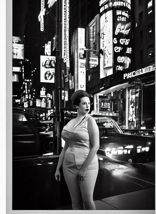 Prompt: a film photography of a joan holloway, curvy, of mad men on madison avenue, new york city. by annie leibovitz. noir style. cinematic. neon lights glow in the background. ilford hp 5 4 0 0, canon eos c 3 0 0, ƒ 1. 8, 3 5 mm, 8 k, medium - format print