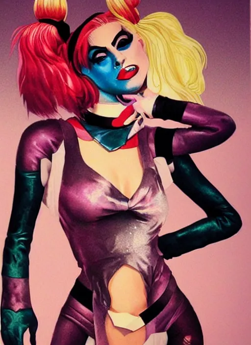Prompt: beautiful lady gaga as harley quinn, high details, intricate details, by vincent di fate, artgerm julie bell beeple, 1 9 9 0 s, inking, vintage 9 0 s print, screen print