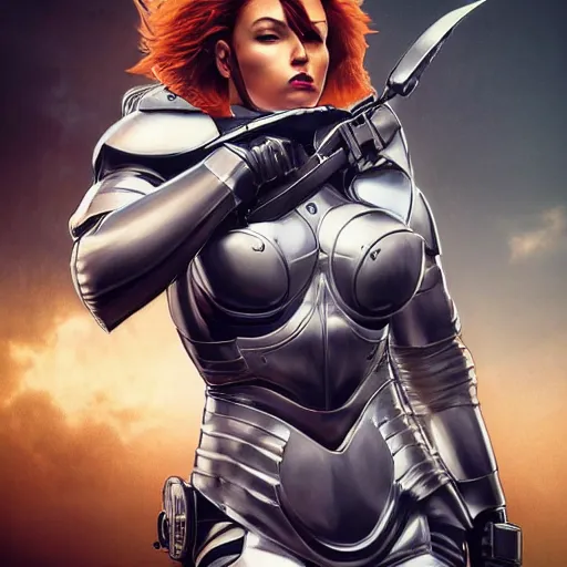 Prompt: a full bodied portrait of beautiful, disciplined, young woman in latex battle armor suit by sandra chevrier, detailed render, epic composition, cybernetics, 4 k realistic, cryengine, realistic shaded lighting, sharp focus, masterpiece, by matteo scalera, gary montalbano, peter elson in the style of the tokyo ghost comic, epic angles