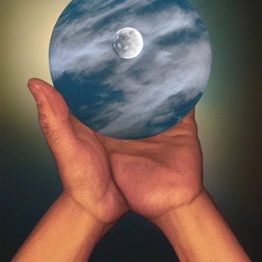 Prompt: a man holding the sun in one hand and the moon in the other, photorealism.