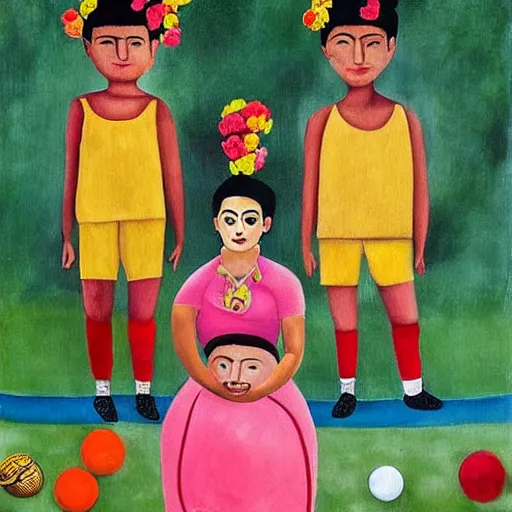 Image similar to boys playing soccer, hot day, parents watching, in style of frida kahlo painting