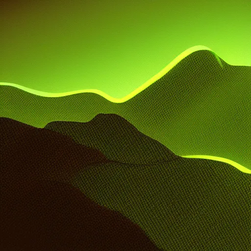 Image similar to luminescent green lined huge, detailed terrain grid, mountainous with dark background