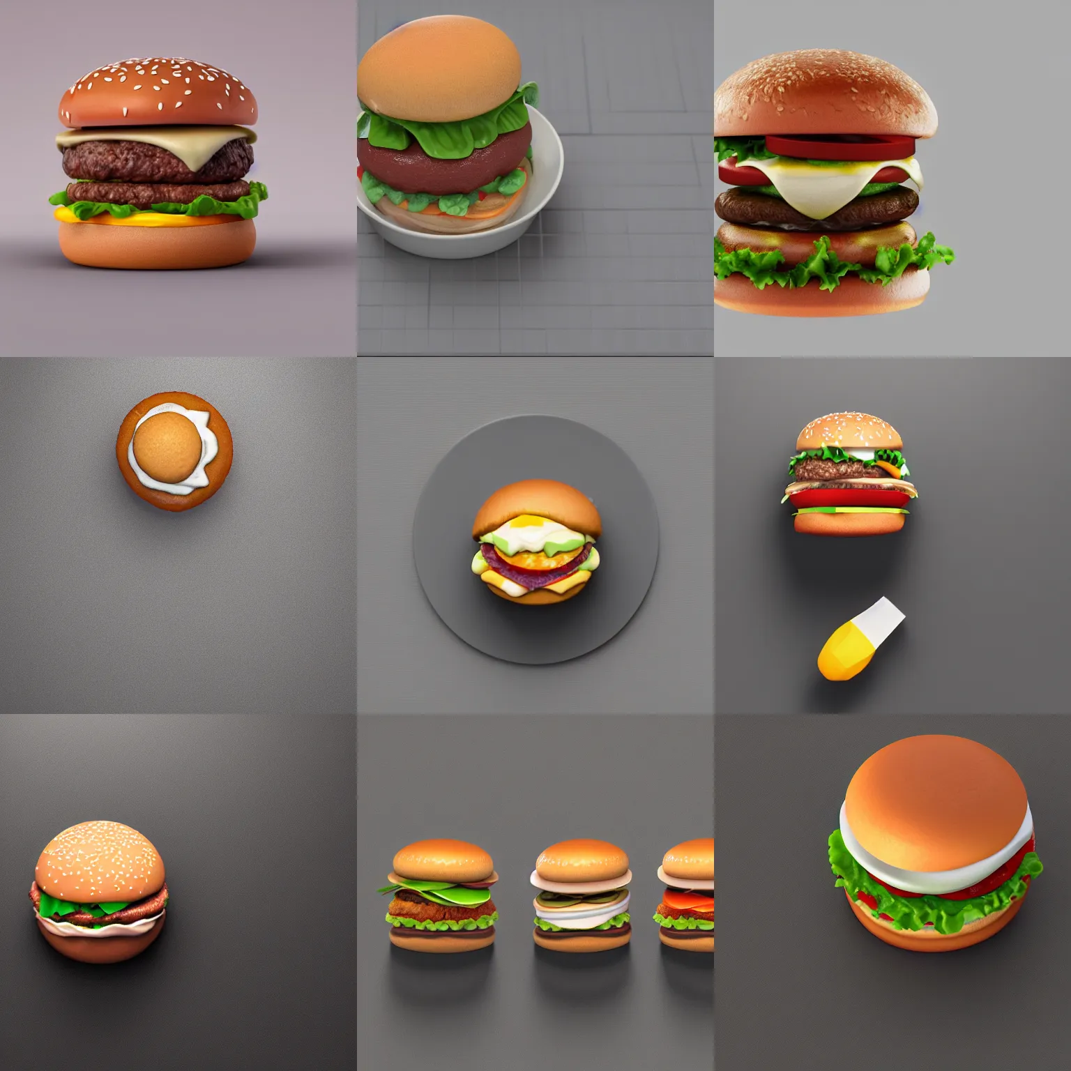 Prompt: Hamburger, 3D clay render, octane render, 4k UHD, white background, isometric top down left view, diffuse lighting