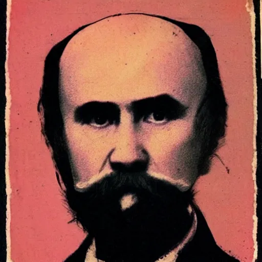 Prompt: taras shevchenko. face like in his portraits. old, balding, very long moustache. intricate sticker design by andy warhol