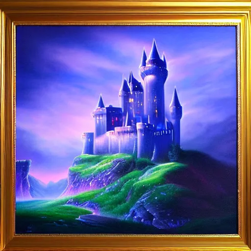 Prompt: beautiful matte airbrush painting of a castle of light, inspired by gilbert williams, clean painting and good lighting, dark blue and intense purple color - w 1 0 2 4