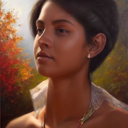 Prompt: an award winning portrait of blessin varkey by mark arian, oil on canvas, masterpiece, realism, piercing gaze, autumn bokeh