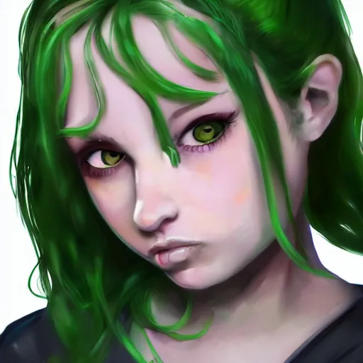 Image similar to artstation young girl with green eyes and pigtails her head in fury, looking to the right, very detailed, , portrait, high contrast